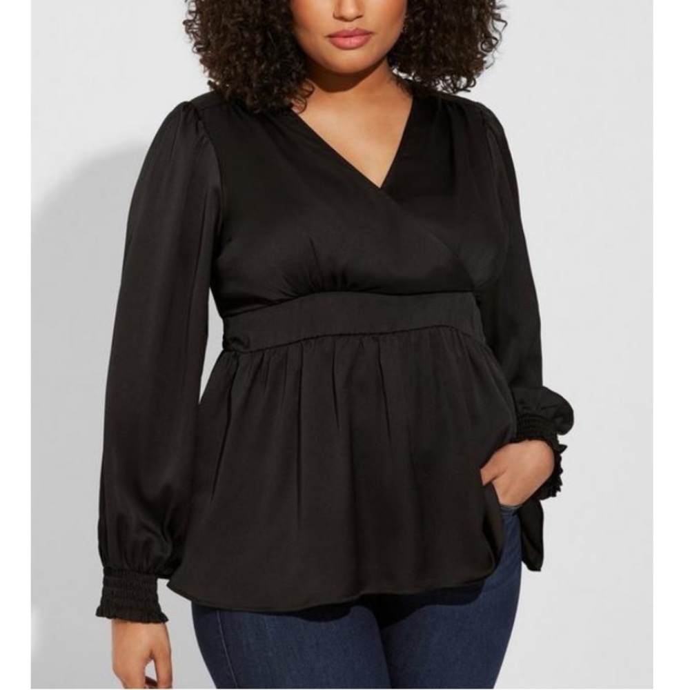TORRID NWT Satin Surplice Tie Cut Out Back Long Sleeve Blouse - Picture 1 of 5